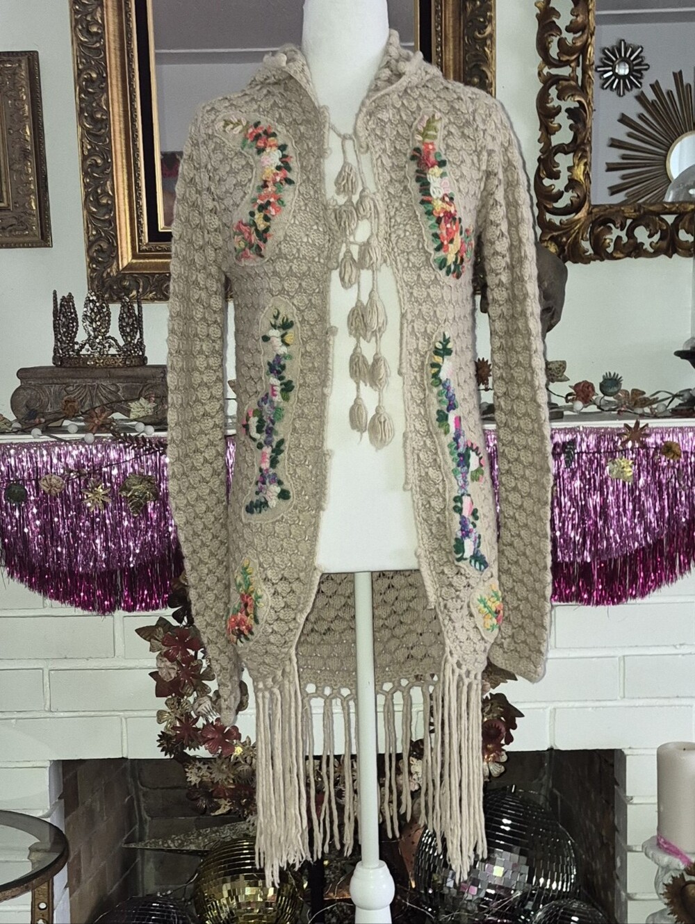Free People Boho Crochet Fringe Cardigan Sweater - Beige with Floral Embroidery - Picture 1 of 5